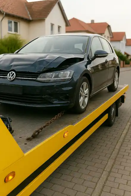 Ein defektes Fahrzeug, das für den Autoankauf in Marburg professionell abgeschleppt wird.